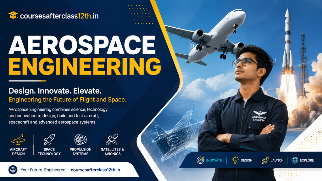 Aerospace Engineering course banner with aircraft, rocket and aerospace engineer