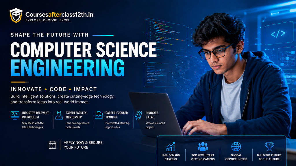 Computer Science Engineering student working on a laptop with coding and technology concepts