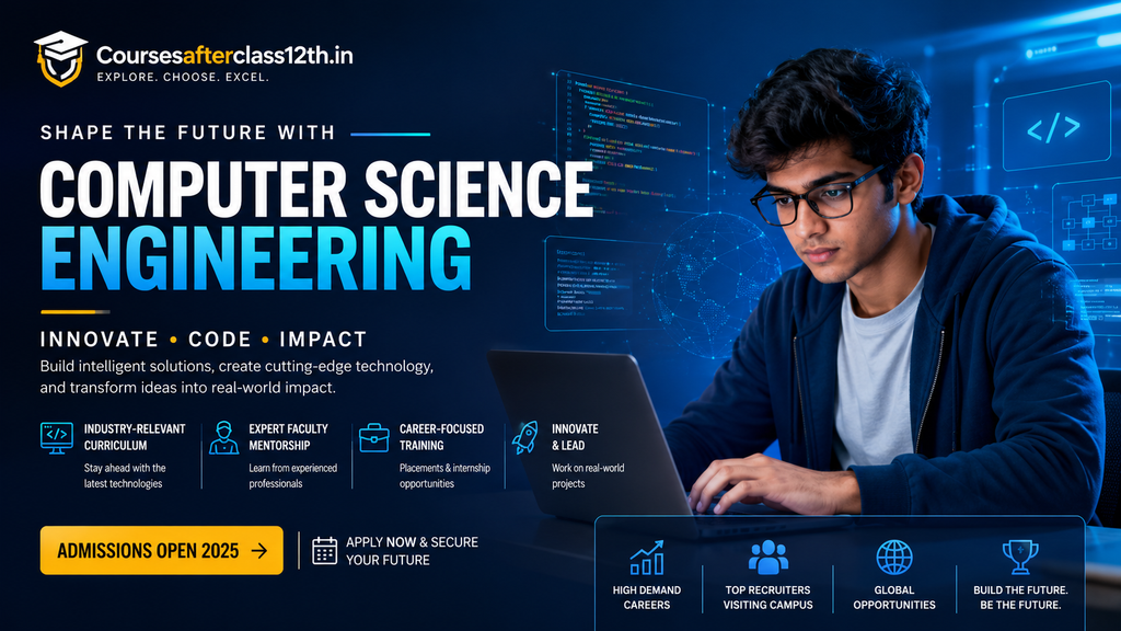 Computer Science Engineering student coding on a laptop with digital technology graphics