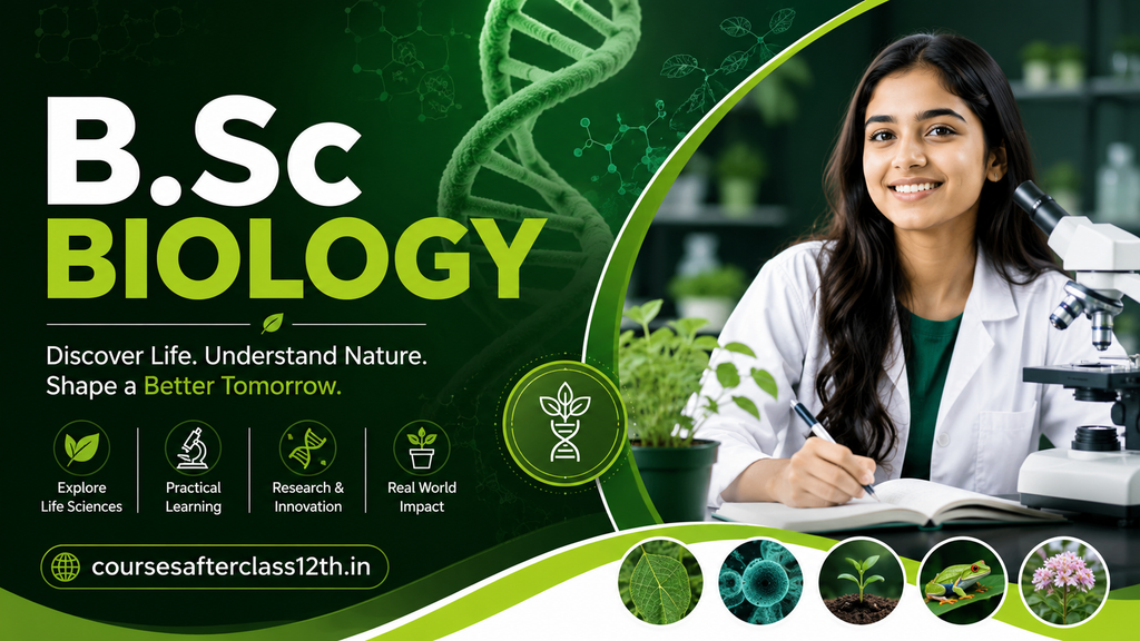 B.Sc Biology course banner with student, microscope and DNA.