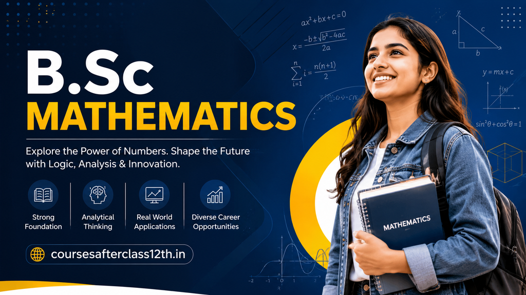 B.Sc Mathematics course banner with student and mathematical formulas.
