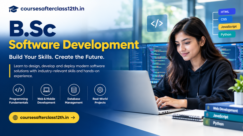 B.Sc Software Development course banner with student coding on a laptop