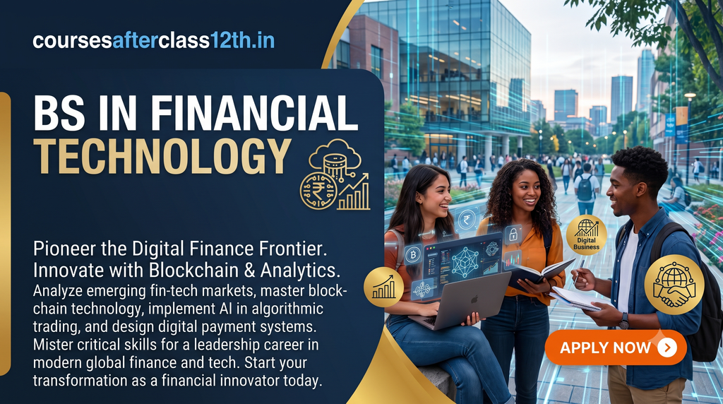 BS in Financial Technology course banner featuring college students collaborating on campus with fintech, blockchain, and digital currency icons.