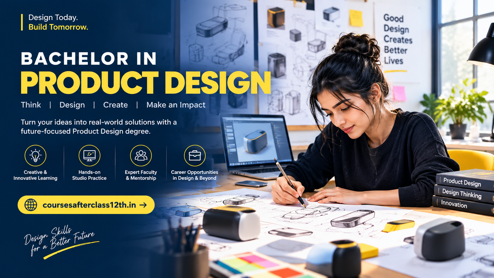 Bachelor in Product Design course banner with product design student