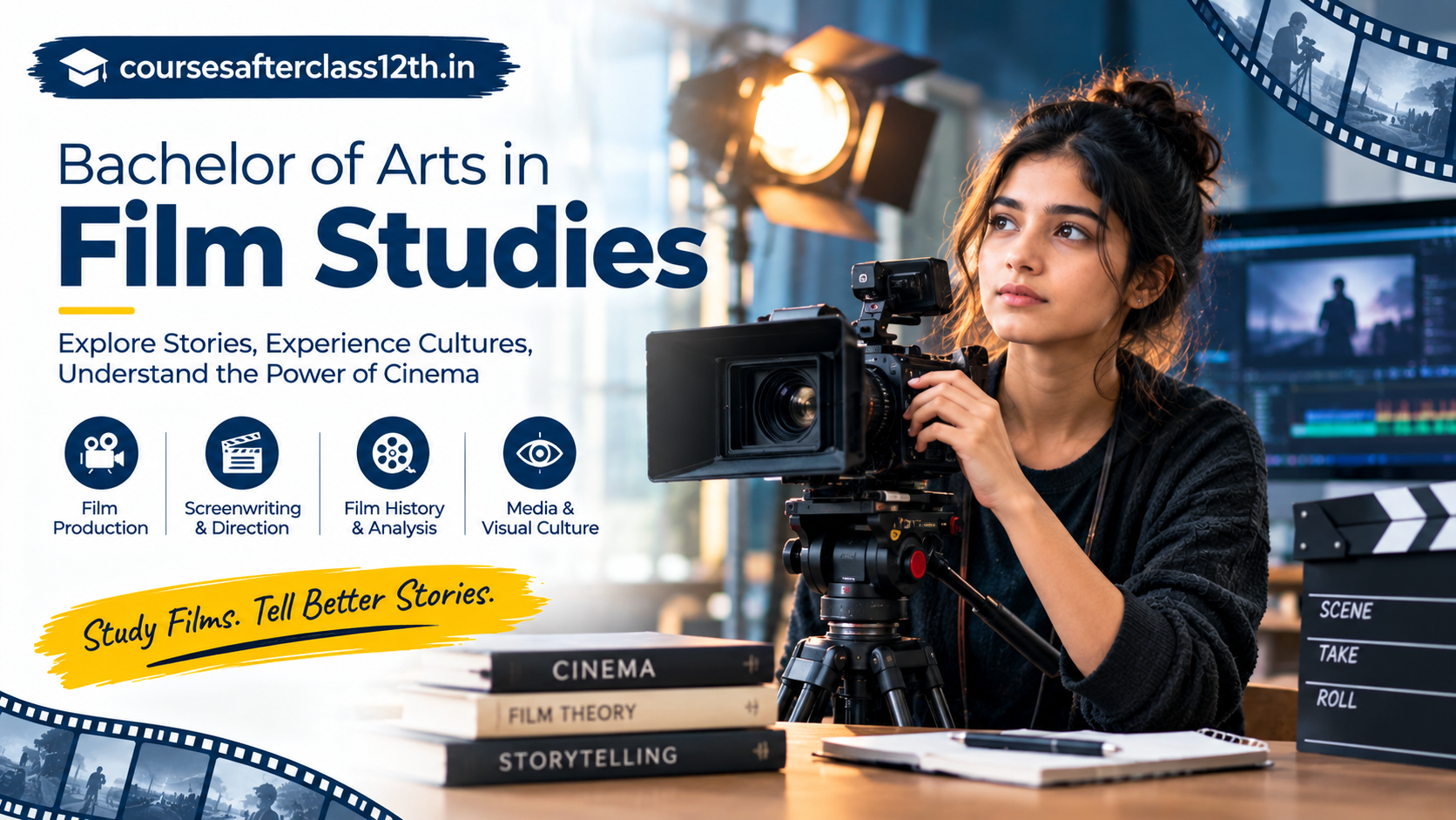 Hero banner for Bachelor of Arts in Film Studies degree with cinematic imagery and college campus background