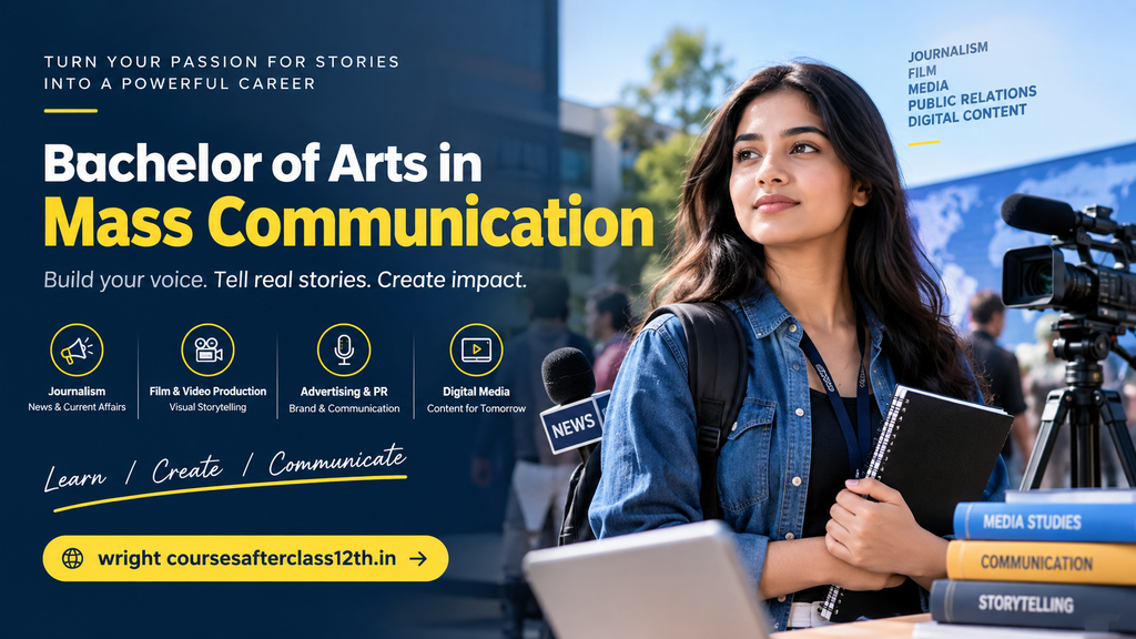 Bachelor of Arts in Mass Communication hero banner featuring a media student, camera equipment, journalism, film, advertising, public relations, and digital media themes.