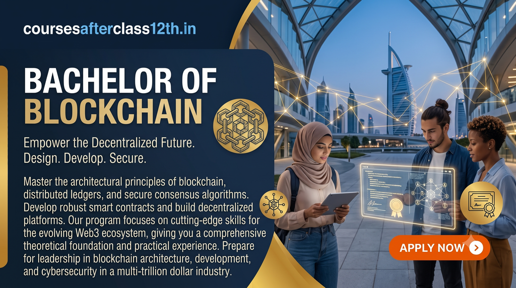 A diverse group of university students collaborates in a modern campus courtyard with city skyscrapers in the background. In the foreground, a woman wearing a hijab uses a tablet while a man looks at a transparent holographic display of a blockchain network diagram and a digital certificate. The image includes text: "Bachelor of Blockchain" with the description "Empower the Decentralized Future. Design. Develop. Secure." The website URL "coursesafterclass12th.in" and an "Apply Now" button are visible.