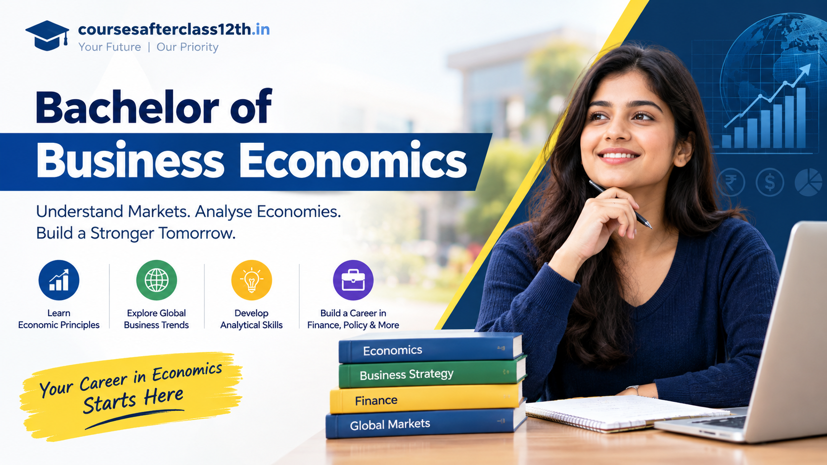 Bachelor of Business Economics course banner with student and economics concepts