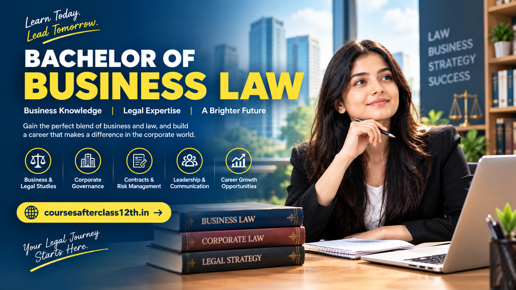 Bachelor of Business Law course banner with business law student