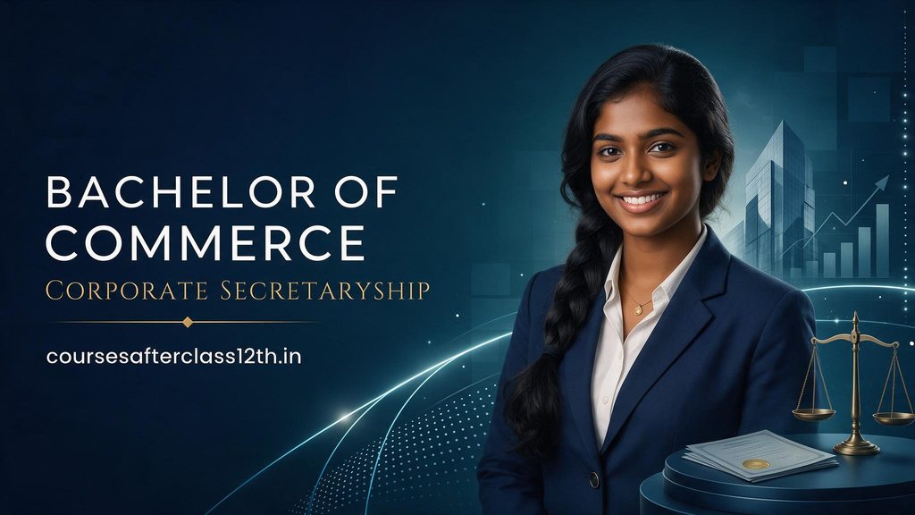 Premium educational banner for a Bachelor of Commerce in Corporate Secretaryship, featuring a college student, corporate office imagery, and a navy, teal, white, and gold design. The banner displays “BACHELOR OF COMMERCE,” “CORPORATE SECRETARYSHIP,” and “coursesafterclass12th.in.”