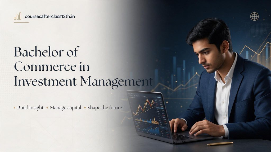 Premium educational hero banner for a Bachelor of Commerce in Investment Management featuring a student analyzing financial data on a laptop, with abstract market charts and a sophisticated navy, charcoal, white, and gold color palette. The banner includes the website coursesafterclass12th.in.