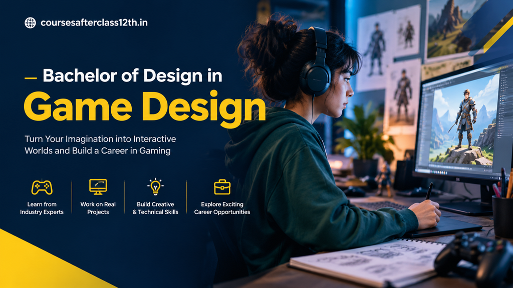 Bachelor of Design in Game Design course banner featuring a game designer at a workstation