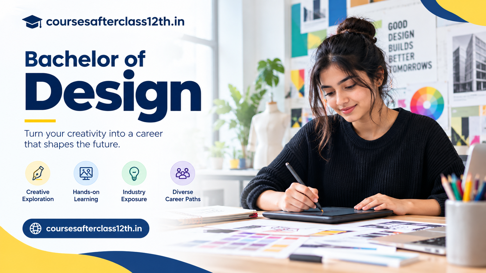 Bachelor of Design course admission banner with design student