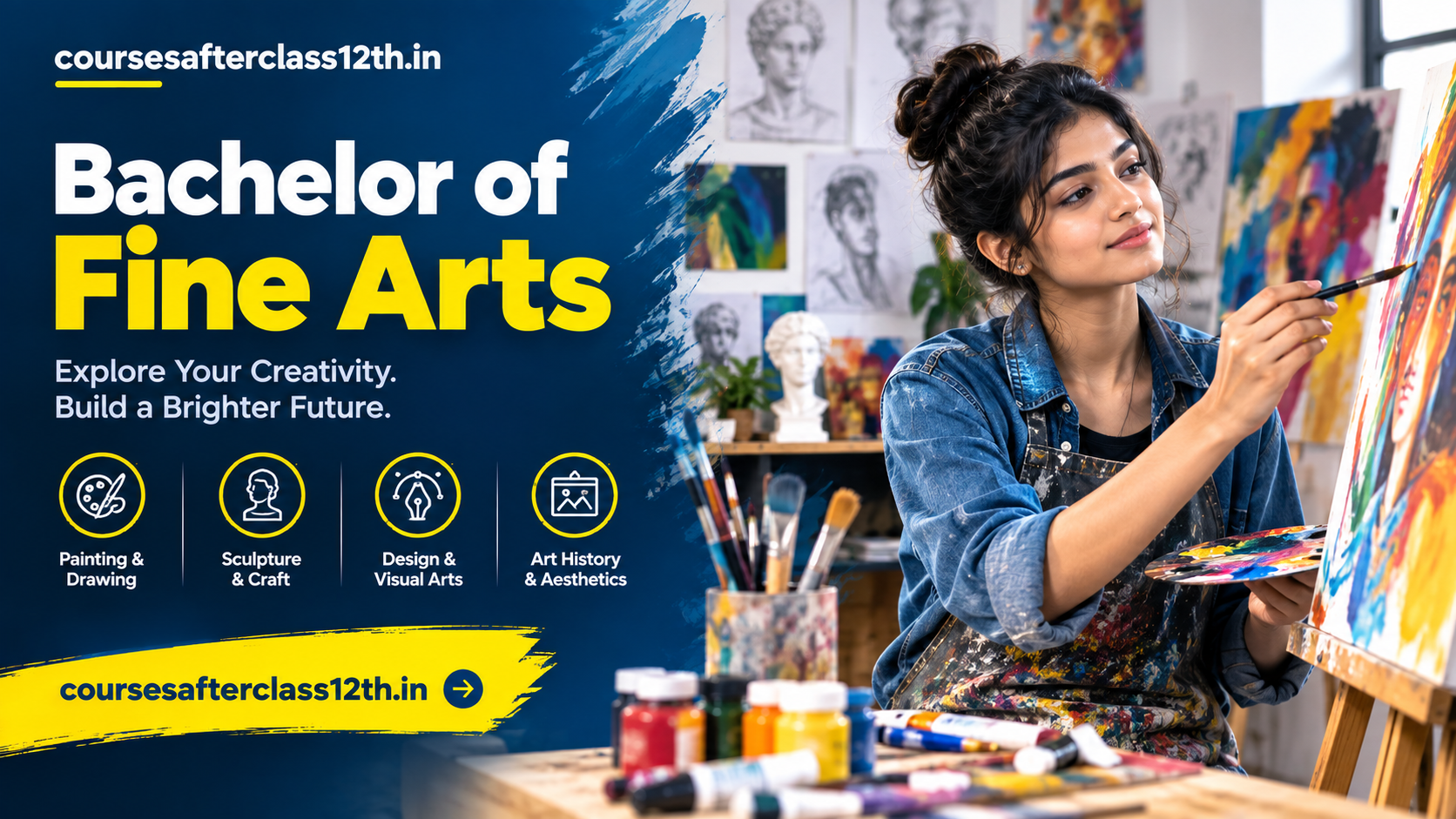 Bachelor of Fine Arts course banner featuring painting, drawing, sculpture, and visual arts.