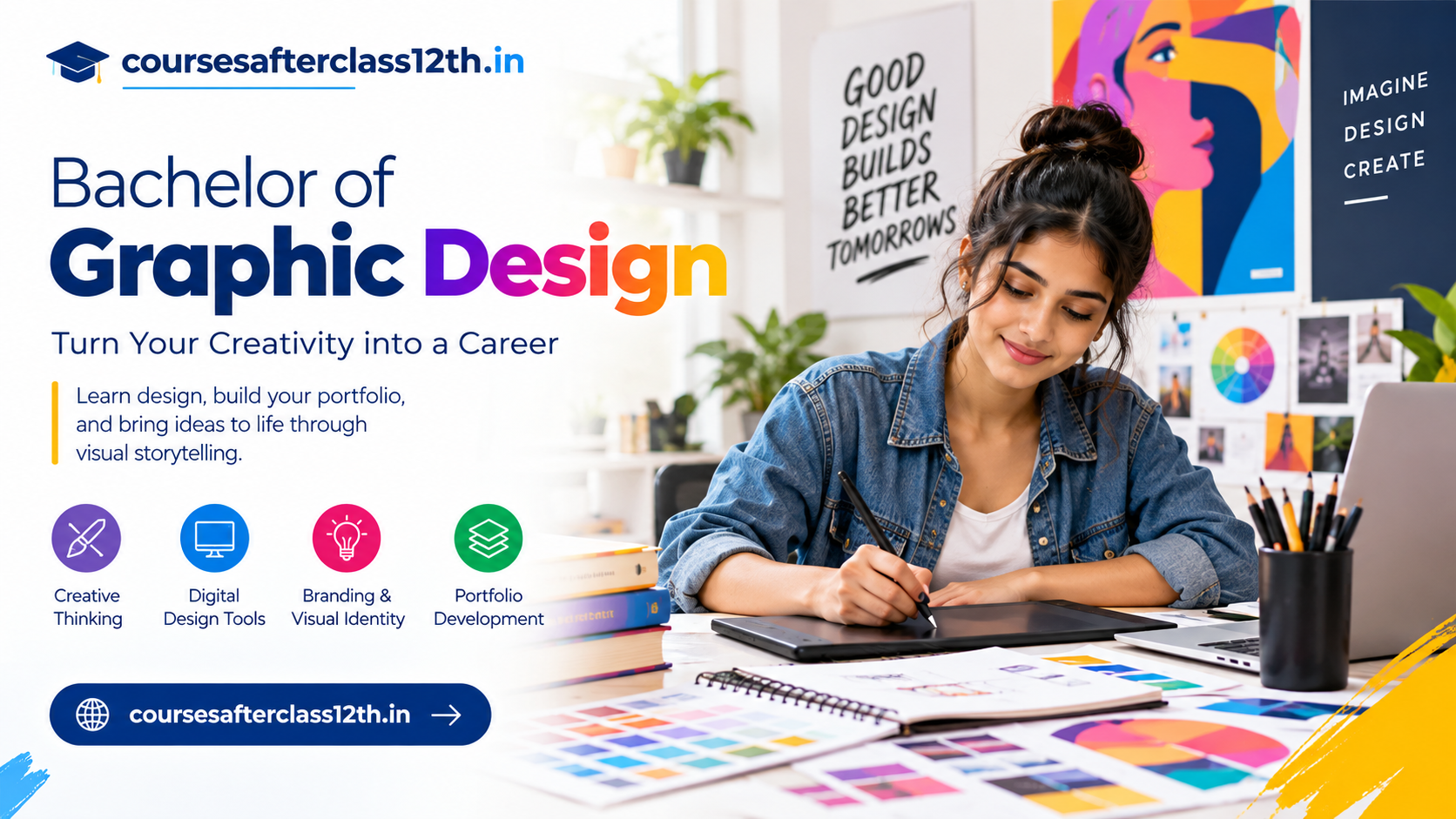 Bachelor of Graphic Design course banner with creative design student