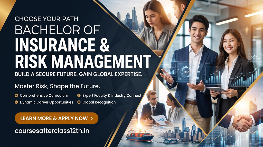 Hero banner for Bachelor of Insurance & Risk Management course featuring ambitious business students, global market analytics, call-to-action button, and website URL coursesafterclass12th.in.