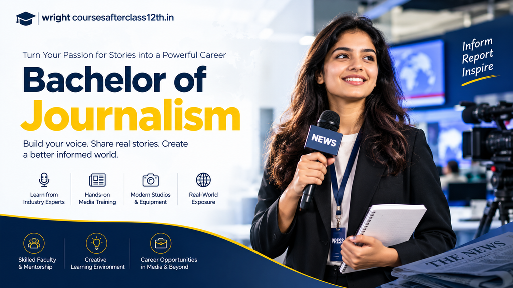 Bachelor of Journalism course hero banner featuring a journalism student reporting in a modern newsroom
